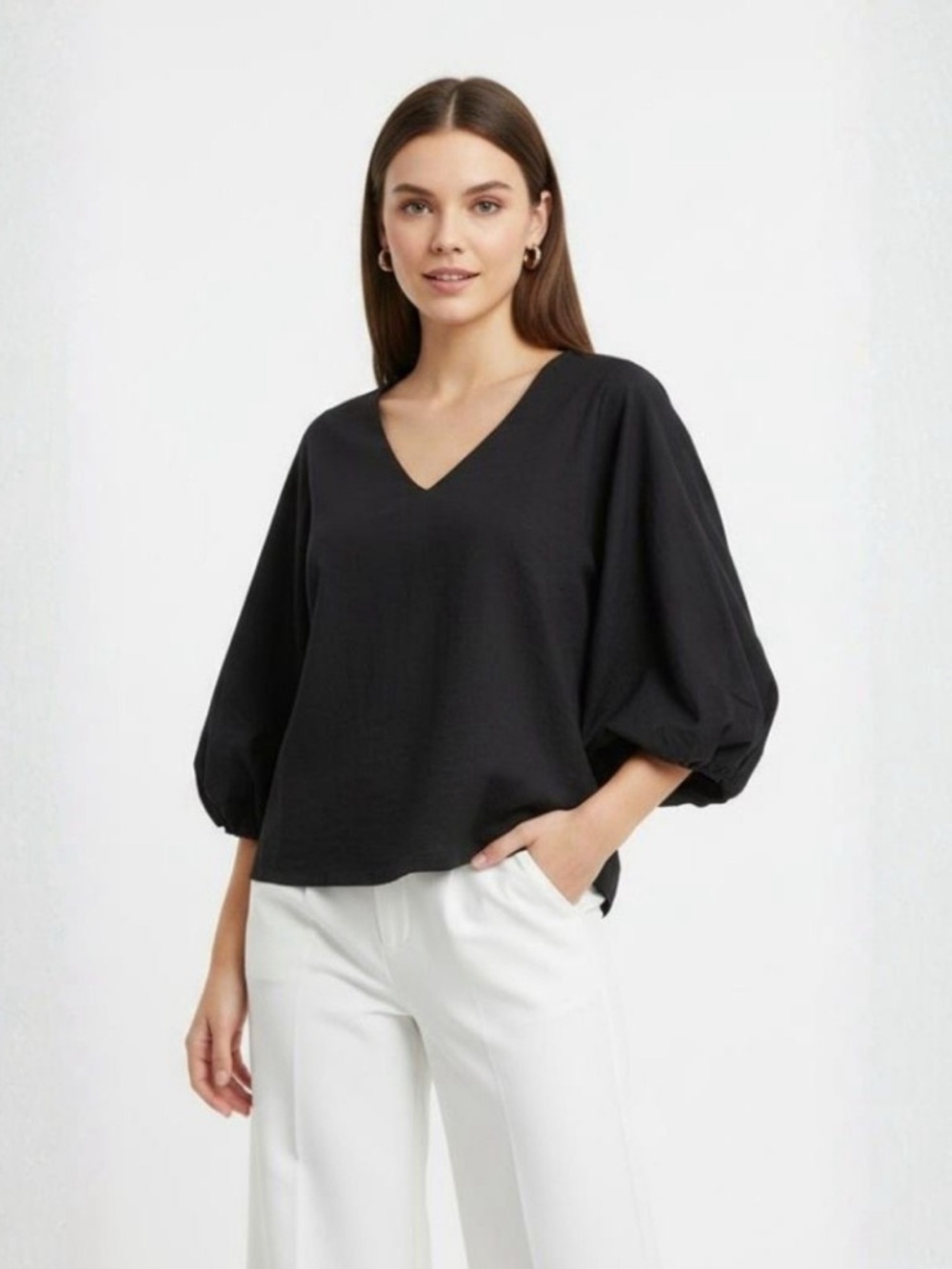 Modern Citizen Black V-Neck Balloon Sleeve Blouse - Small